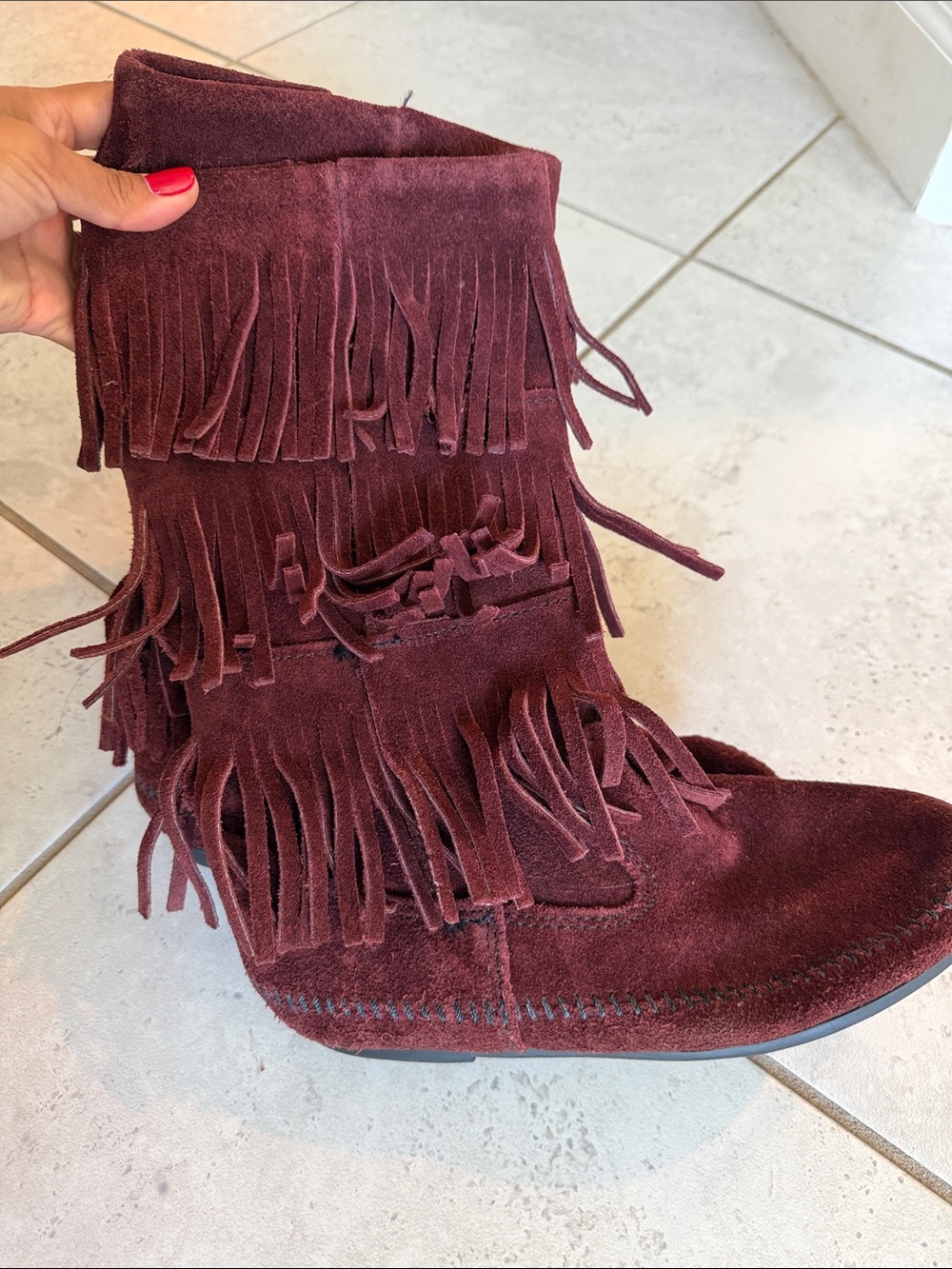 Minnetonka Burgundy Suede Fringe Moccasin Boots